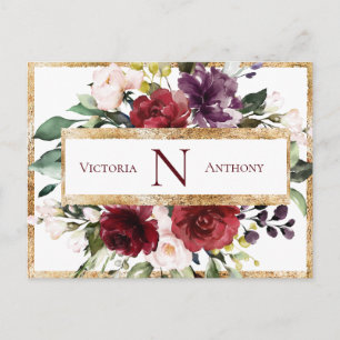 Bourgogne Monogram Blommig Guld Save the Date Vykort