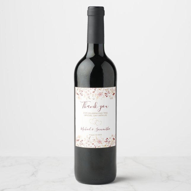 Bourgogne och Rosafärgad Vildblommig Bröllop Vinflaska Etikett (Framsida)