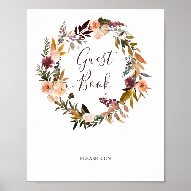 Bourgogne Orange Blommig Gästbokskylt Poster (Framsidan)