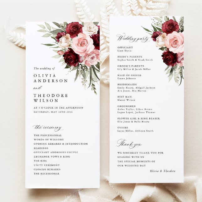 Bourgogne Rosafärgad Blommig Bröllopsceremoni Program (burgundy blush pink floral wedding program card, ceremony program, elegant burgundy rose stationery)
