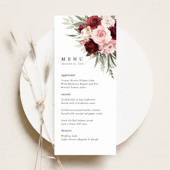 Bourgogne Rosaton Rosa Blommig Bröllopsmeny för Mo Meny (Burgundy blush pink floral wedding menu card elegant rose reception menu dinner menu table setting)