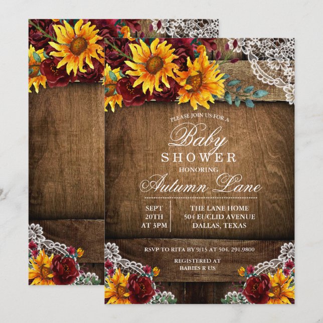 Bourgogne Solros Spets Baby Shower Inbjudan (Fram/baksida)