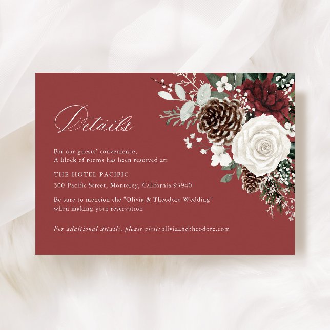 Bourgogne Vinter Blommig Bröllopshotell Detaljer Tilläggskort (Burgundy winter floral wedding details card hotel accommodation rustic elegant stationery)