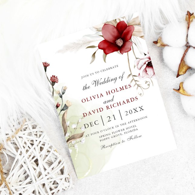 Bourgogne Vinter Elegans Bröllopsinbjudan Inbjudningar (Modern winter wedding invitation on white cozy background with cotton flowers)