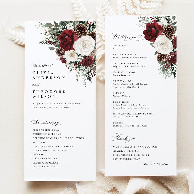 Bourgogne Vinterblommig Bröllopsceremoni Program (Burgundy winter floral wedding program card, pinecone ceremony program, elegant wedding party)