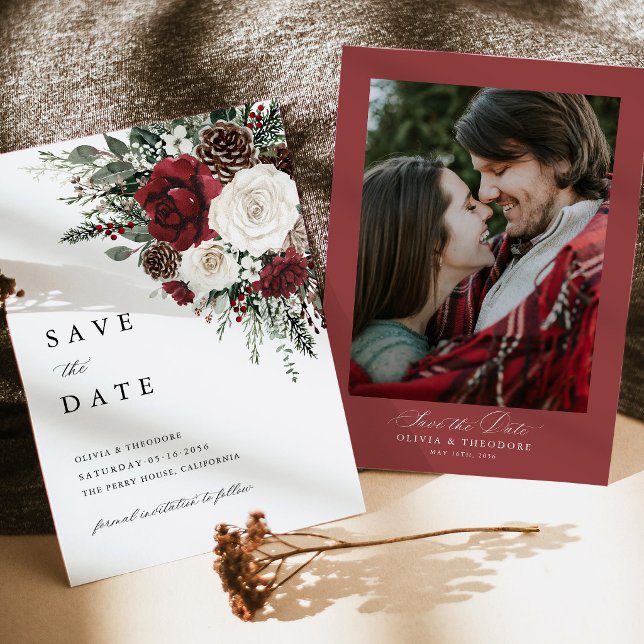 Bourgogne Vinterblommig Foto Bakgrund Bröllop Spara Datumet (Burgundy winter floral photo save the date card, rustic elegant watercolor wedding announcement)