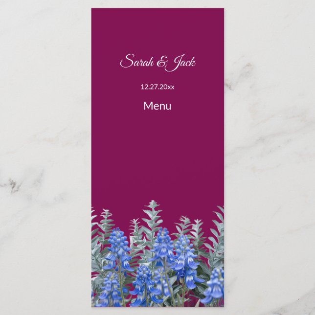 Bourgogne vinterbröllop med blåklocka meny (Framsida)