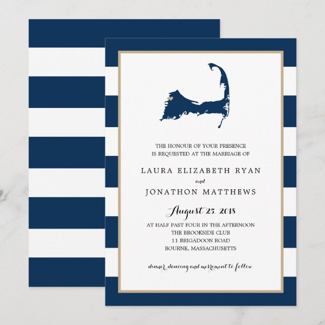 Bourne Cape Cod Karta med hjärta | BRÖLLOP Inbjudningar (Fram/baksida)