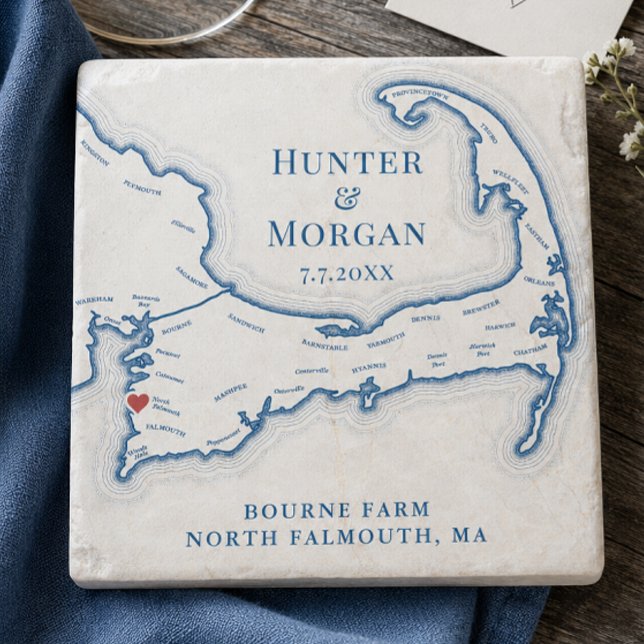 Bourne Farm bröllopsgåva Cape Cod karta Stenunderlägg (Bourne Farm Wedding Favor Cape Cod Stone Coaster Gift by Coastal Map Designs)