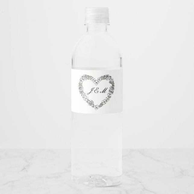 Bouteille d'eau mariage noir et blanc coeur floral vattenflaskor etikett (Framsida)