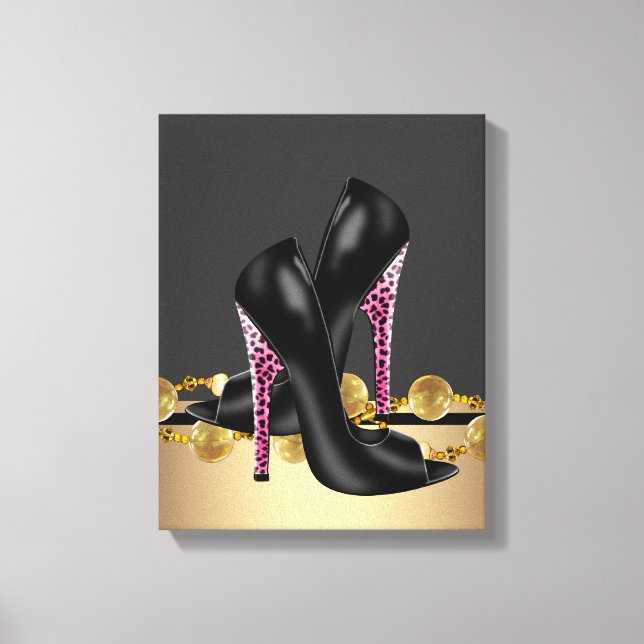 Boutique Black and Rosa Leopard High Heel Shoes Canvastryck (Framsida)