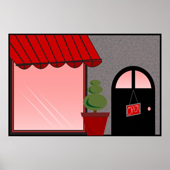 Boutique Butiksfasad Röd Svart Topiary Öppen Poster (Framsidan)