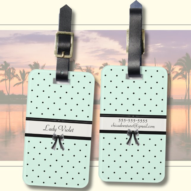 Boutique Chic Mintgrön Prickig Monogram Bagagebricka (Coastal chic! 🌊 Personalized seafoam mint & polka dots for your tropical island escape.)