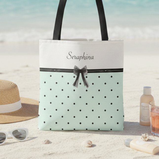 Boutique Chic Mintgrön Prickig Monogram Tygkasse (Resort ready summer mint green vacation bag)