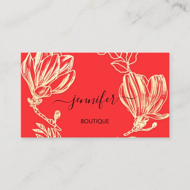 Boutique Shop Red Guld Flowers QR-kod Visitkort (Framsida)