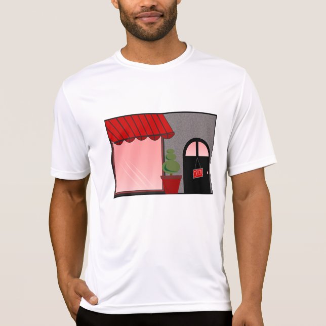 Boutique Storefront Red Black Topiary Open T Shirt (Framsida)