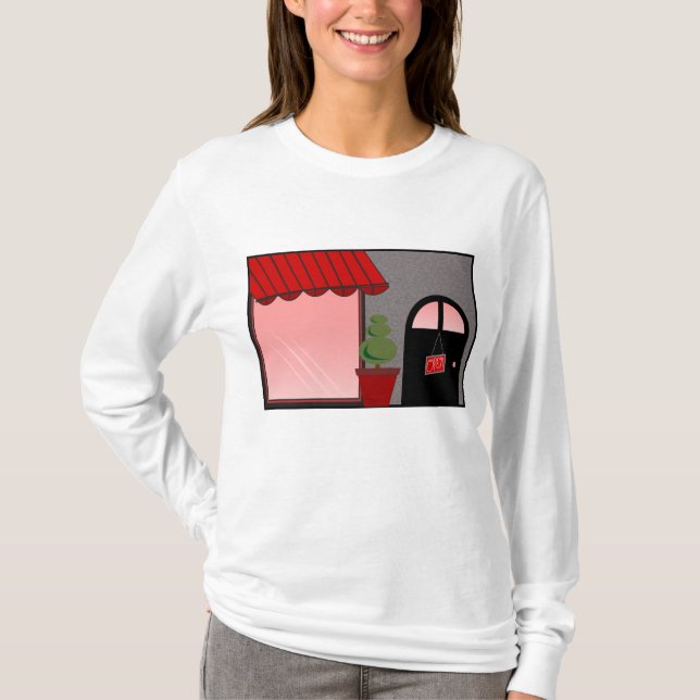 Boutique Storefront Red Black Topiary Open T Shirt (Framsida)