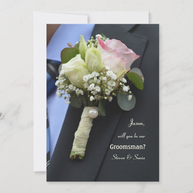 Boutonniere-kort för begäran till brudtjänare inbjudningar (Framsida)