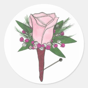 Boutonniere Rosa ros Bröllop Flower Groom Sticker Runt Klistermärke