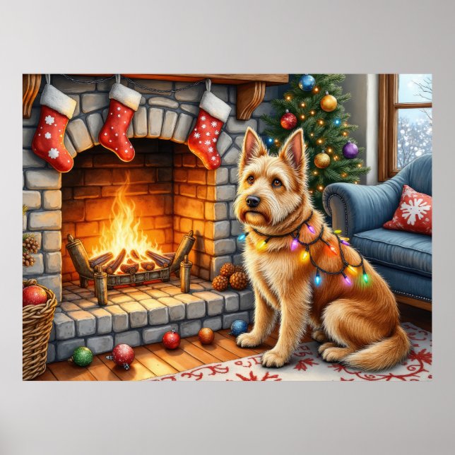 Bouviers des Flandres Fireplace Christmas Lights Poster (Framsidan)