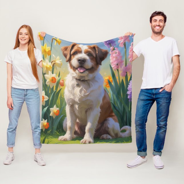 Bouviers Des Flandres Hund Vår blommor Painting Fleecefilt (På plats)