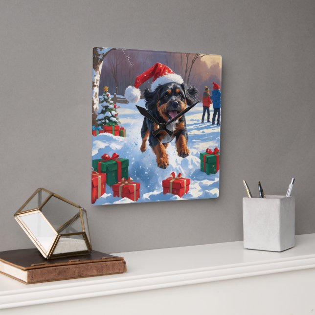 Bouviers des Flandres jul jul Festive Snö Scene Fyrkantig Klocka (Kontor)