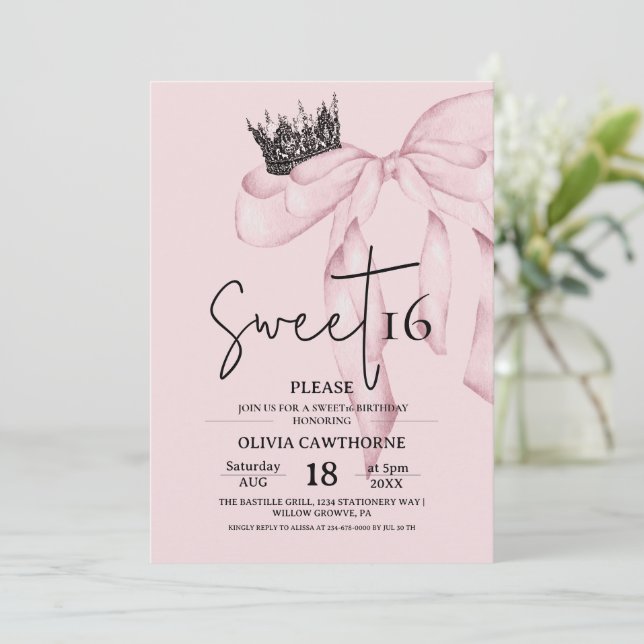 Bow 16th Birthday ⎮Modern Pink Sweet 16 Inbjudningar (Stående Fram)