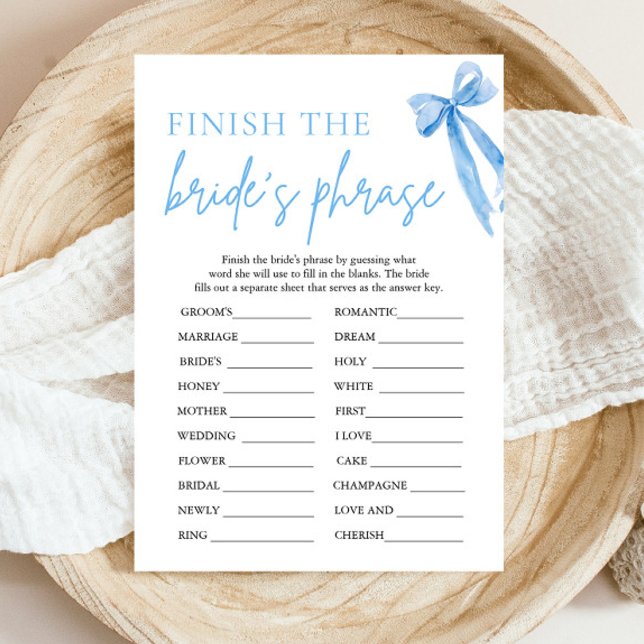 Bow Avslutar Möhippans spel för fraser Inbjudningar (Modern Watercolor Dusty Blue Bow Finish the Bride's Phrase Bridal Shower Game)