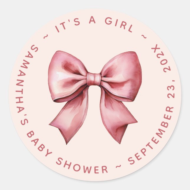 Bow Baby Shower Blush Pink & Red It's a Girl Runt Klistermärke (Framsida)