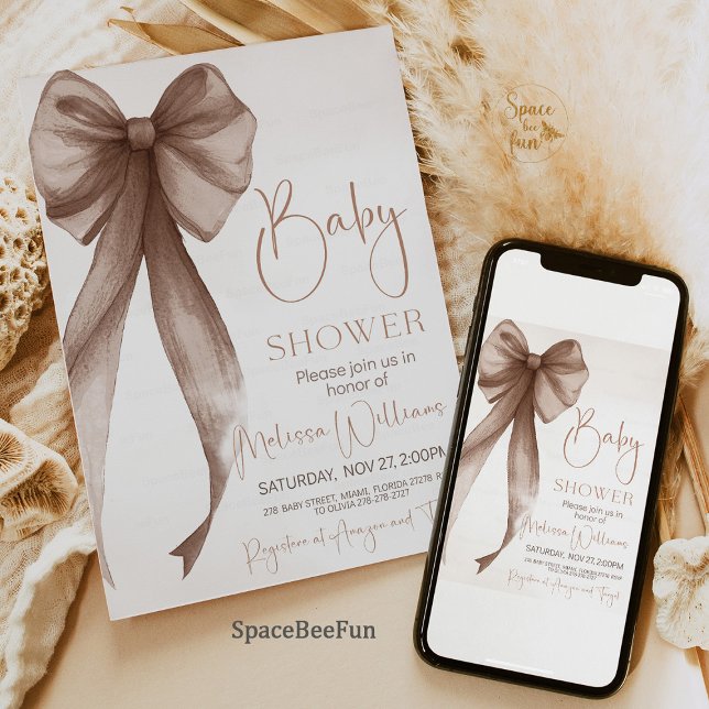 Bow Baby Shower Coquette Inbjudningar (Bow Baby Shower Invitation, Boho Baby Shower Invite, Gender Neutral Baby Shower, Coquette Baby Showe)