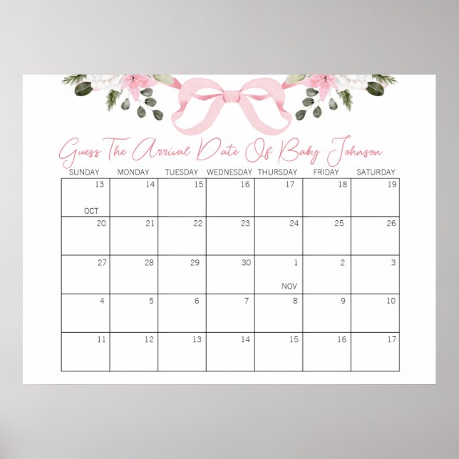 Bow Baby Shower Gissar leveransdatumkalender Poster (Framsidan)