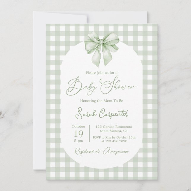 Bow Baby Shower Sage Green invitation with bow Inbjudningar (Framsida)