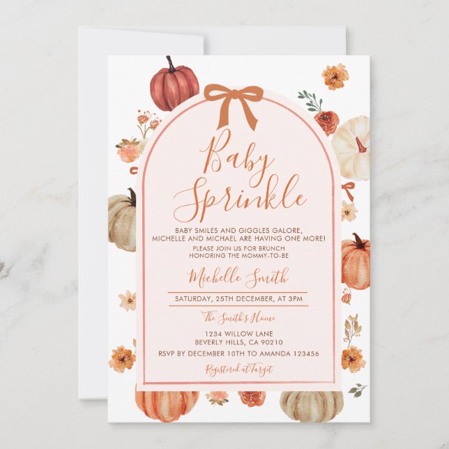 Bow Baby Sprinkle Pumpkin Fall Autumn Shower Inbjudningar (Framsida)