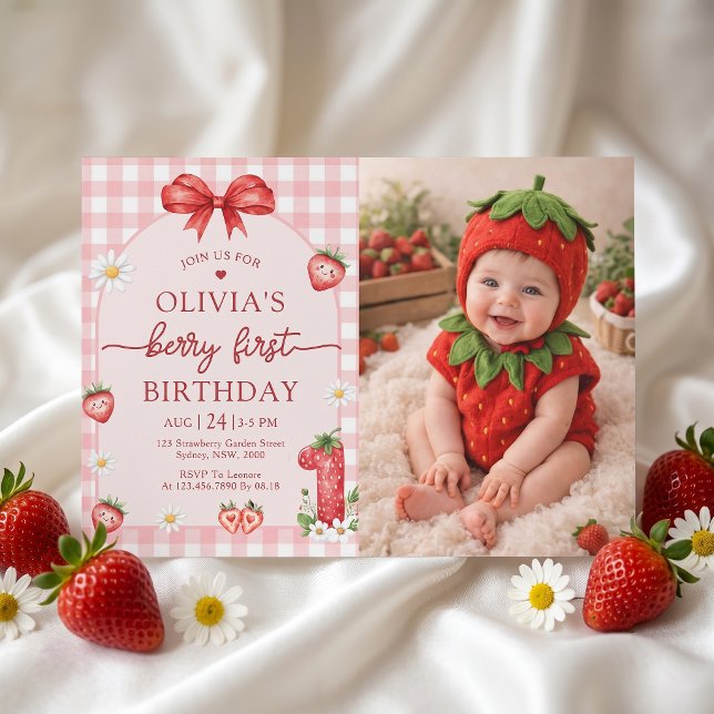 Bow Berry Första Flicka 1-års Födelsedagsinbjudan  Inbjudningar (Skapare uppladdad)