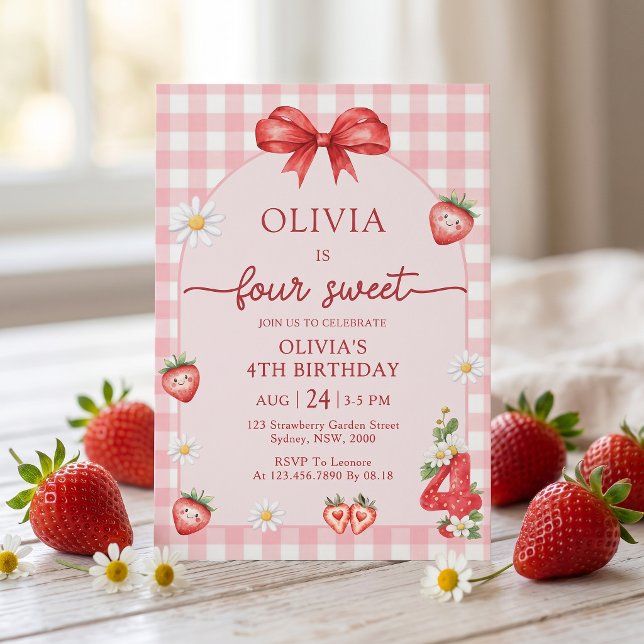 Bow Berry Fyra Söt Flickas 4-års Födelsedagsinbjud Inbjudningar (Skapare uppladdad)