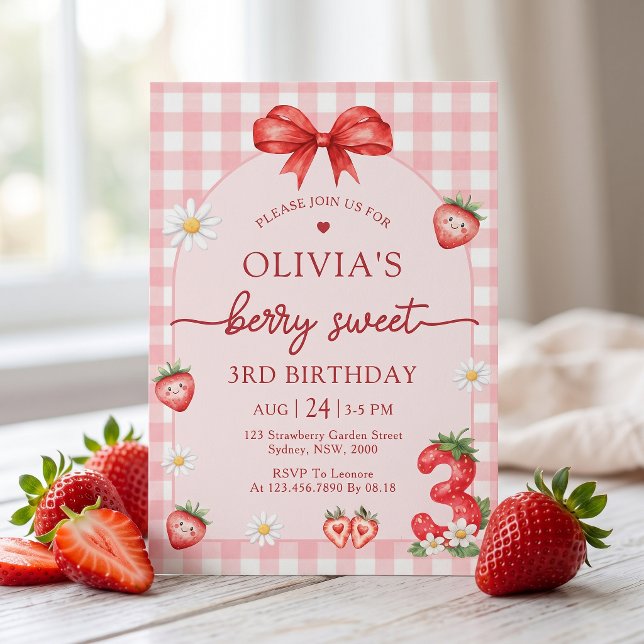 Bow Berry Söt Flickas 3-års Födelsedagsinbjudan Inbjudningar (Skapare uppladdad)