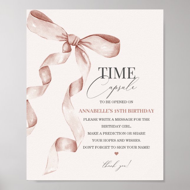 Bow Birthday Time Capsule-skylt för Beige Coquette Poster (Framsidan)