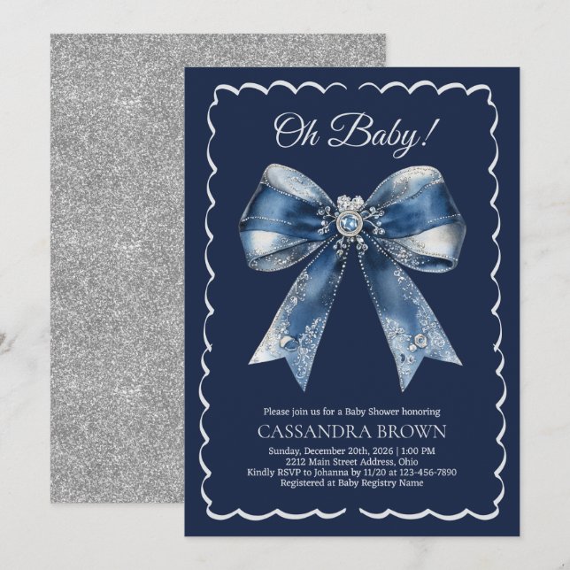 Bow Blå Silver Glitter Jul Bebis Shower Inbjudningar (Fram/baksida)