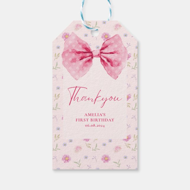 Bow blommigt, liten miss Oendering-födelsedagsförm Presentetikett (Baksidan)