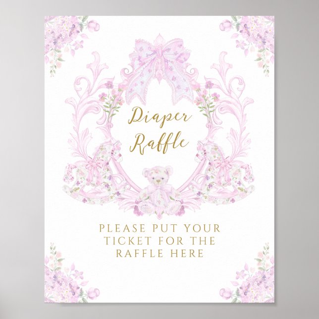 Bow Blommigt Nalle Vapensköld Baby Shower Diaper Poster (Framsidan)