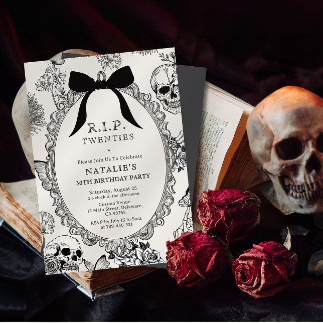 Bow Blommigt Skull RIP 20 30års födelsedag Party Inbjudningar (Chic Navy Blue Beer Label Brewery Theme Birthday Invitation)
