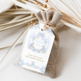 Bow Blommigt Vapensköld Rustic Blue Boy Baby Showe Presentetikett