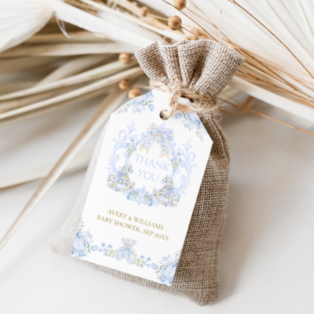 Bow Blommigt Vapensköld Rustic Blue Boy Baby Showe Presentetikett (Skapare uppladdad)