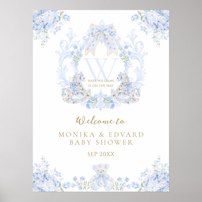 Bow Blommigt Vattenfärgsbarn Elegant Boy Shower Poster (Framsidan)