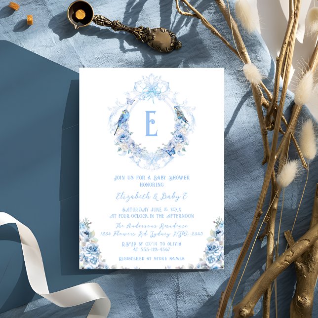 Bow Blue Blommigt Vapensköld Baby Shower Inbjudningar (Skapare uppladdad)
