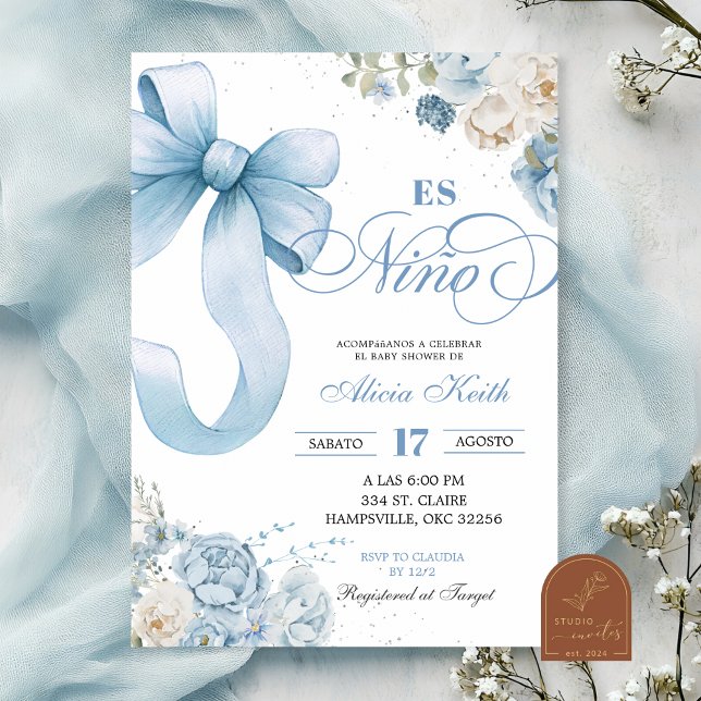 Bow Blue Coquette Spansk Es Nino Baby Shower Inbjudningar (Skapare uppladdad)