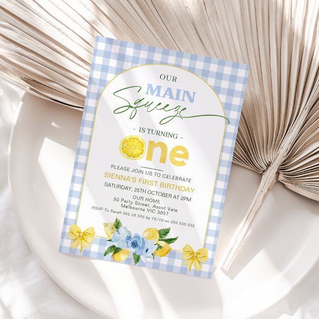 Bow Blue Lemon Vår huvudsäck första födelsedag Inbjudningar (Blue Yellow Lemon Themed 1st Birthday Invitation Girl, Blue Plaid Main Squeeze 1st Birthday Invite)