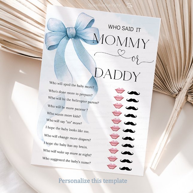 Bow Blue Mamma eller Baby Shower Game Card (Bow Blue Mommy or Daddy Baby Shower Game Card)