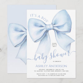 Bow Blue & White Watercolor It's a Boy Baby Shower Inbjudningar