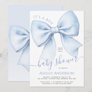 Bow Blue & White Watercolor It's a Boy Baby Shower Inbjudningar